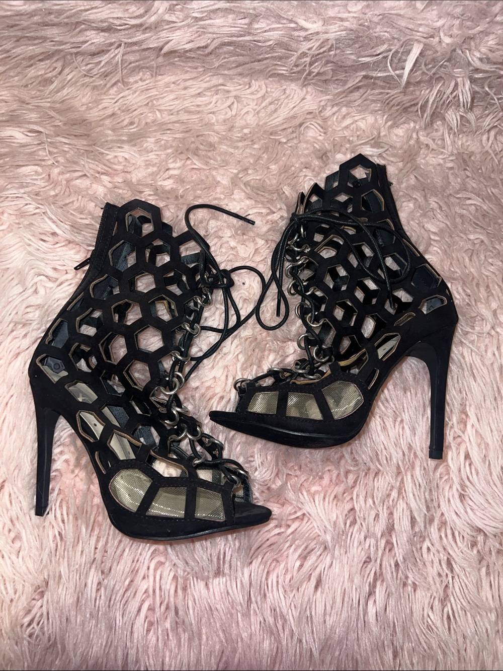 Black Cutout Lace-Up Stiletto Heels – Size 6 – 4 inches